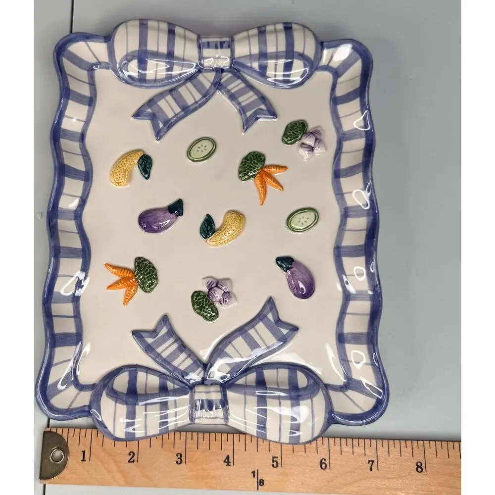 Vintage Fitz & Floyd Petits Veg Canape Vegetable Tray Blue Bow Tuscan Decor '94